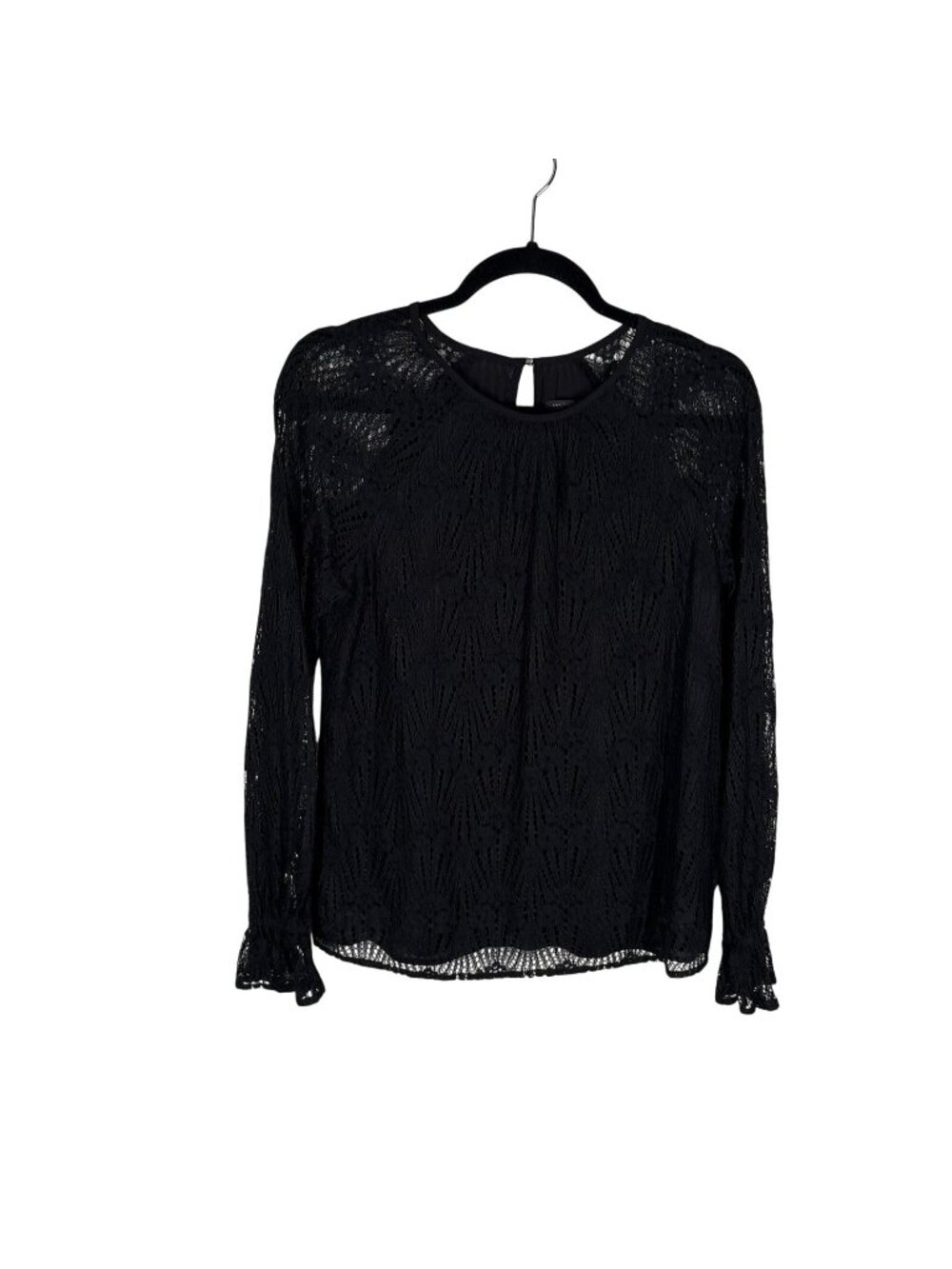 Ann Taylor Factory Women SZ XS Black Lacy Overlay Sheer Long Sleeve Pullover Top